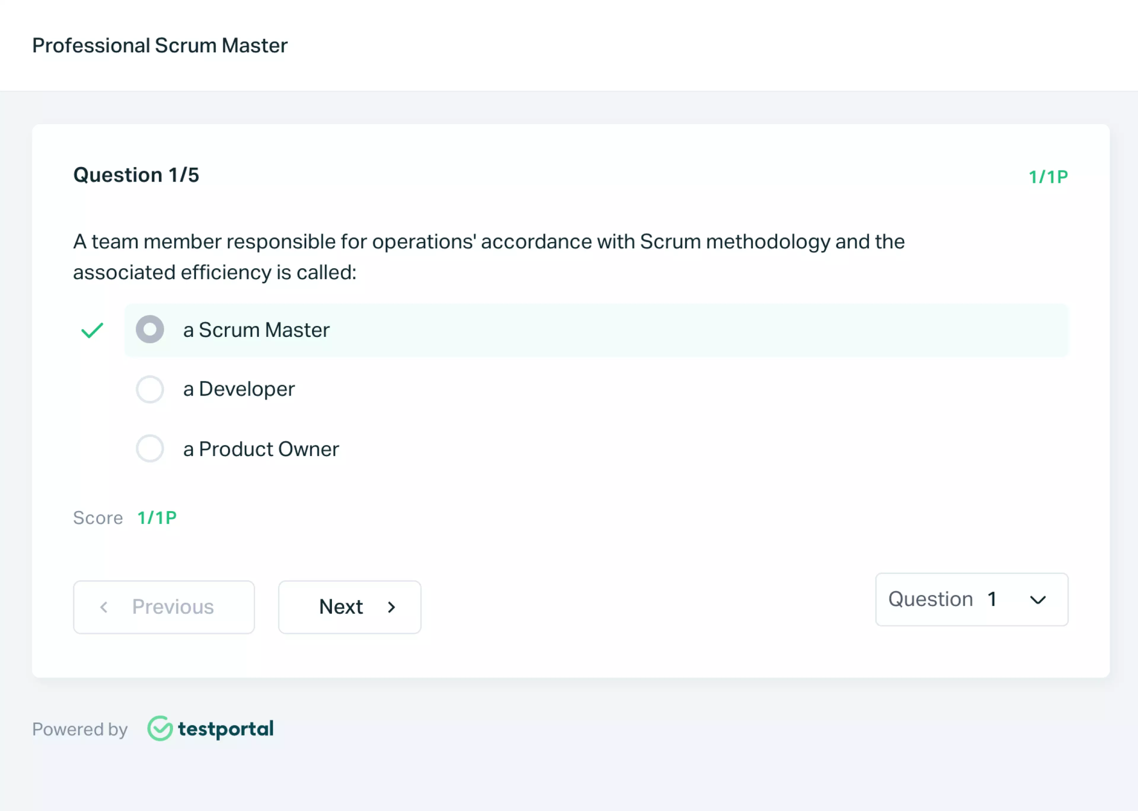   Testportal app screen with a test question and a correct answer.